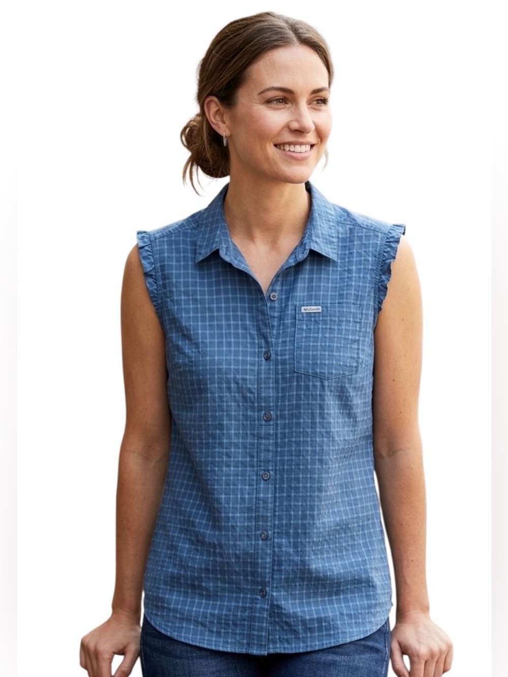 Columbia Women’s Shirt Cap Sleeve Button Down Tunic Blue Cotton/Rayon Size L